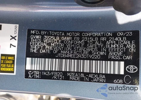 2024 Toyota Corolla Le from USA, damaged, VIN JTDB4MEE2R3019220